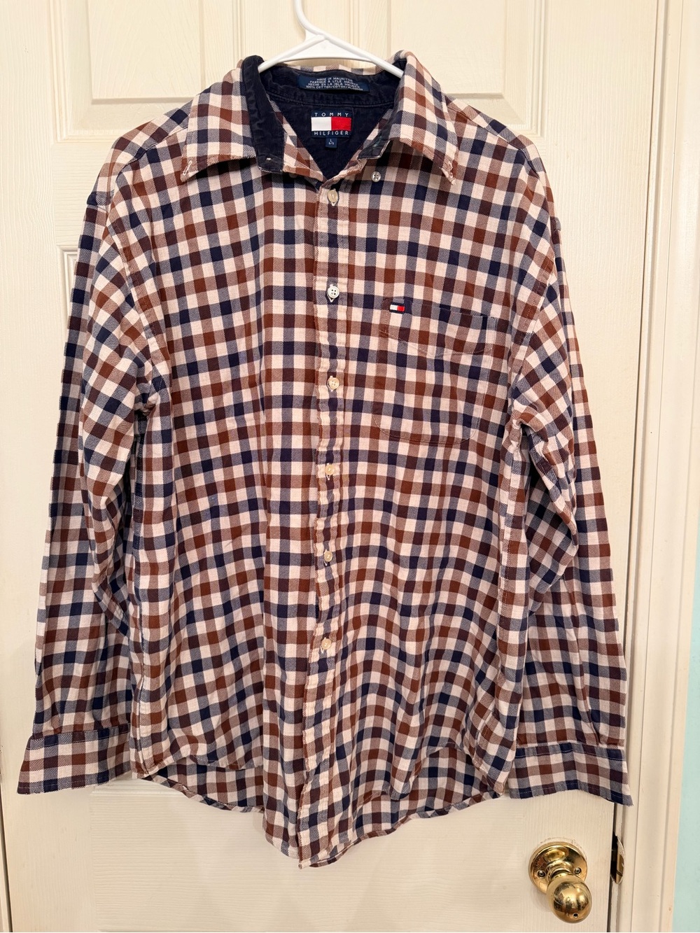 VTG Tommy Hilfiger Men’s Brown, Navy & White Check Button-Down Shirt